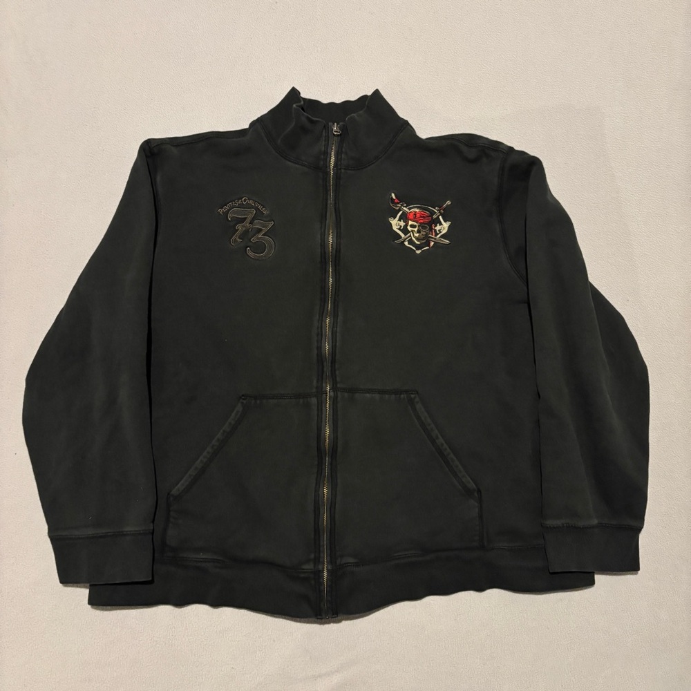 Pirates of the Caribbean Zip Up Jacket Size 3XL Black Embroidery Y2K Grunge Bike